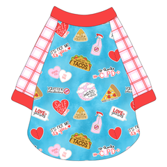 Raglan style tee in a dog friendly pattern that shows witty anti-Valentine phrases and fun images. It's complete with red and pink plaid sleeves, with solid red trim on the sleeve edges, neck and waist.