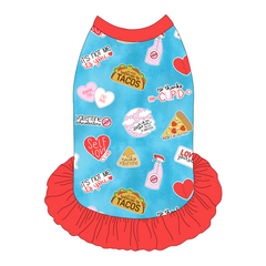 Dress style tank with a girly ruffle skirt in a dog friendly pattern that shows witty anti-Valentine phrases and fun images. It's complete with solid red trim on the neck, shoulders and ruffles.
