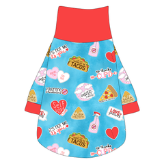 Tee shirt with turtleneck in a dog friendly pattern that shows witty anti-Valentine phrases and fun images. It's complete with solid red trim on the neck, sleeves and waist.