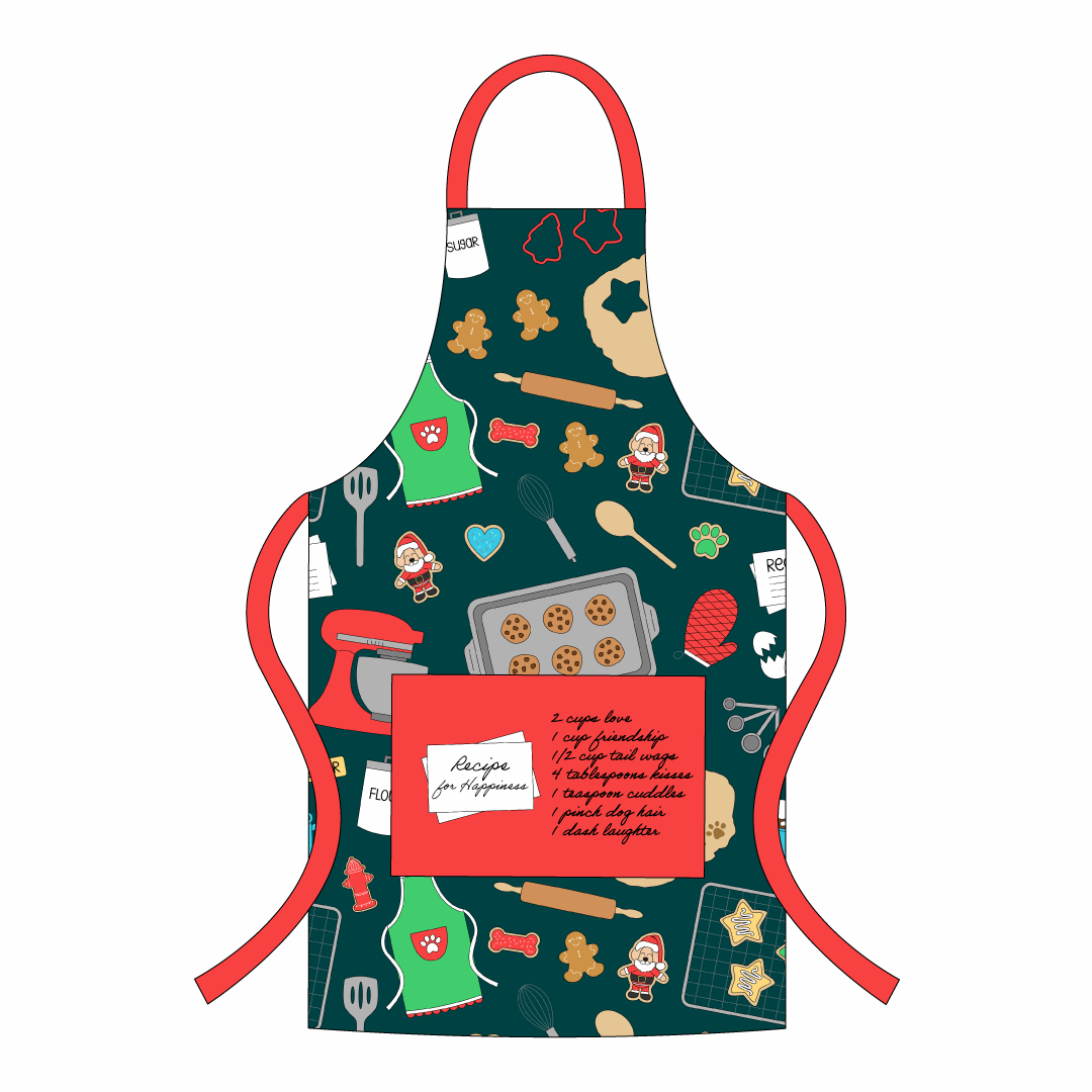 Apron in a dog friendly pattern that shows cookies baking, a light green apron, recipe cards and more on a deep emerald background. It's complete with a red pocket that reads Recipe For Happiness.