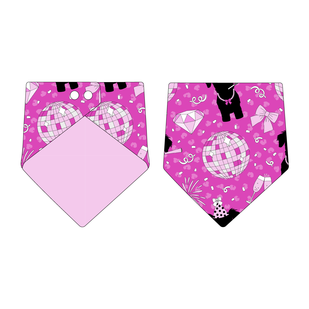 Bandana in a dog friendly pattern that shows a girl dog with hat and necklace, along with a mirror ball, champagne glasses, fireworks and confetti on a magenta cheetah print background. Design is reversible with light pink on the opposite side.
