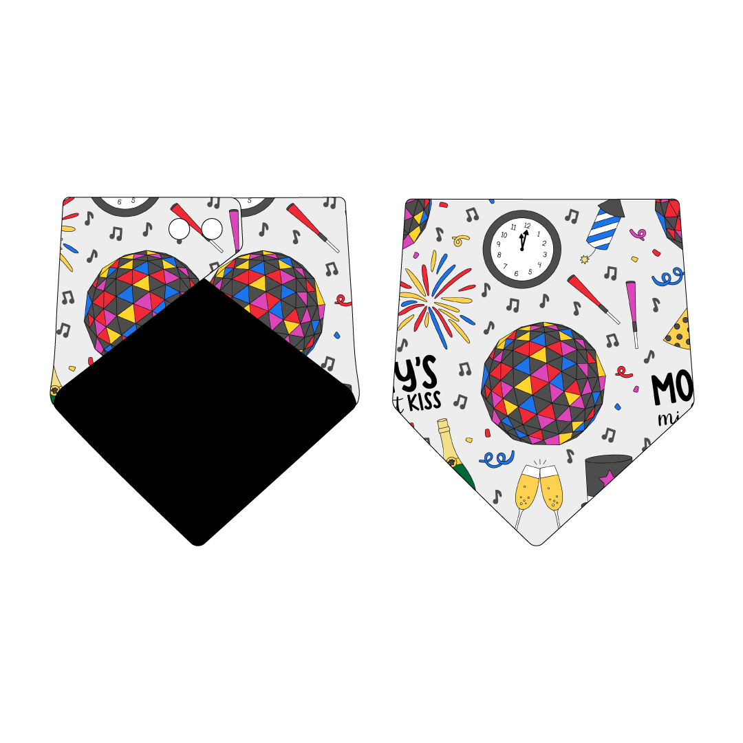 Bandana in a dog friendly pattern that shows a multi-colored New Years ball, the words Mommy's Midnight Kiss, a clock, champagne bottle and champagne toast, fireworks, confetti and more on a white background.  Design is reversible with black on the opposite side.