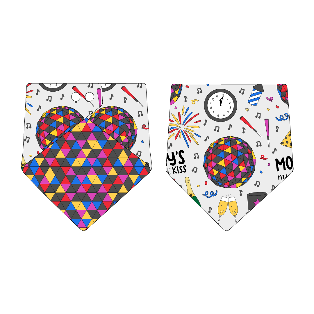 Bandana in a dog friendly pattern that shows a multi-colored New Years ball, the words Mommy's Midnight Kiss, a clock, champagne bottle and champagne toast, fireworks, confetti and more on a white background.  Design is reversible with NYE Ball on the opposite side.