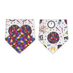 Bandana in a dog friendly pattern that shows a multi-colored New Years ball, the words Mommy's Midnight Kiss, a clock, champagne bottle and champagne toast, fireworks, confetti and more on a white background.  Design is reversible with NYE Ball on the opposite side.