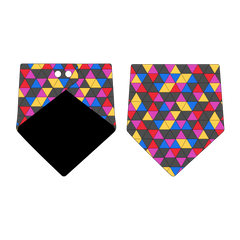 Bandana in a dog friendly pattern that shows a colorful geometric design that looks like the New Years Eve ball that drops in Times Square. Design is reversible with black on the opposite side.