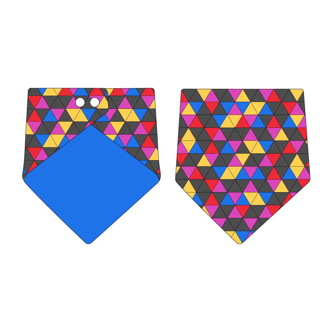 Bandana in a dog friendly pattern that shows a colorful geometric design that looks like the New Years Eve ball that drops in Times Square. Design is reversible with blue on the opposite side.