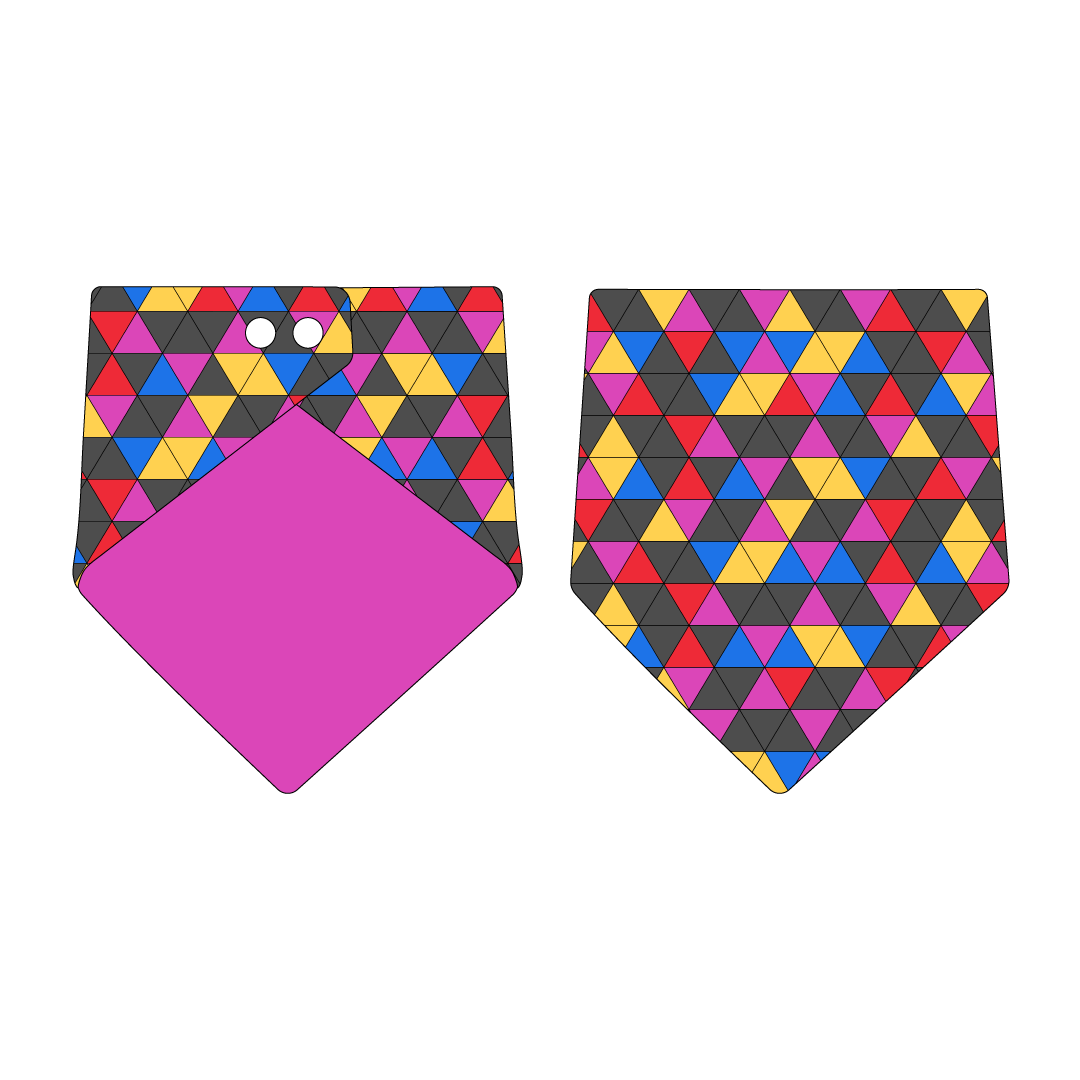 Bandana in a dog friendly pattern that shows a colorful geometric design that looks like the New Years Eve ball that drops in Times Square. Design is reversible with magenta on the opposite side.