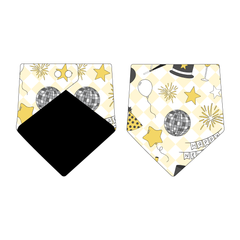 Bandana in a dog friendly pattern that shows a mirror ball, top hat, champagne toast, balloons, clock striking midnight, banner reading Happy New Year and more on a light gold and white diamond background.  Design is reversible with black on the opposite side.