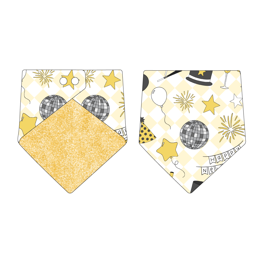 Bandana in a dog friendly pattern that shows a mirror ball, top hat, champagne toast, balloons, clock striking midnight, banner reading Happy New Year and more on a light gold and white diamond background.  Design is reversible with gold sparkle on the opposite side.