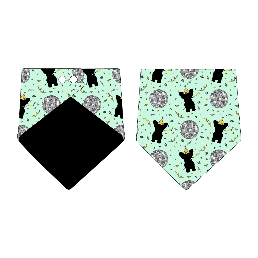 Bandana in a dog friendly pattern that shows a mirror ball, dog with a party blower and confetti on a light green background.  Design is reversible with black on the opposite side.