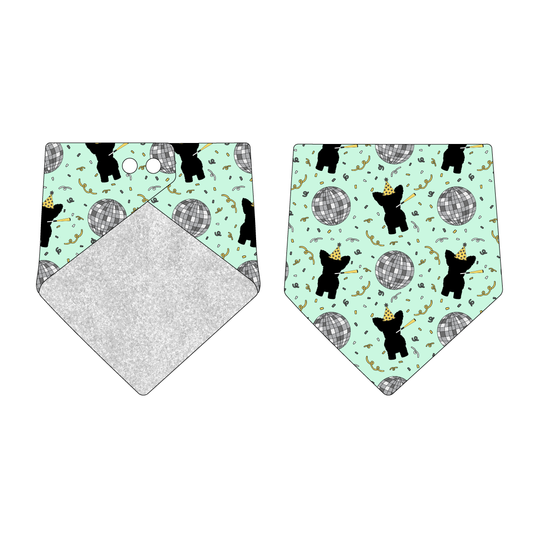 Bandana in a dog friendly pattern that shows a mirror ball, dog with a party blower and confetti on a light green background.  Design is reversible with silver sparkle on the opposite side.