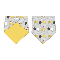 Bandana in a dog friendly pattern that shows two happy champagne glasses making a toast with hearts overhead, gold star balloons and traditional balloons in white and gray on a silver sparkle background.  Design is reversible with gold on the opposite side.