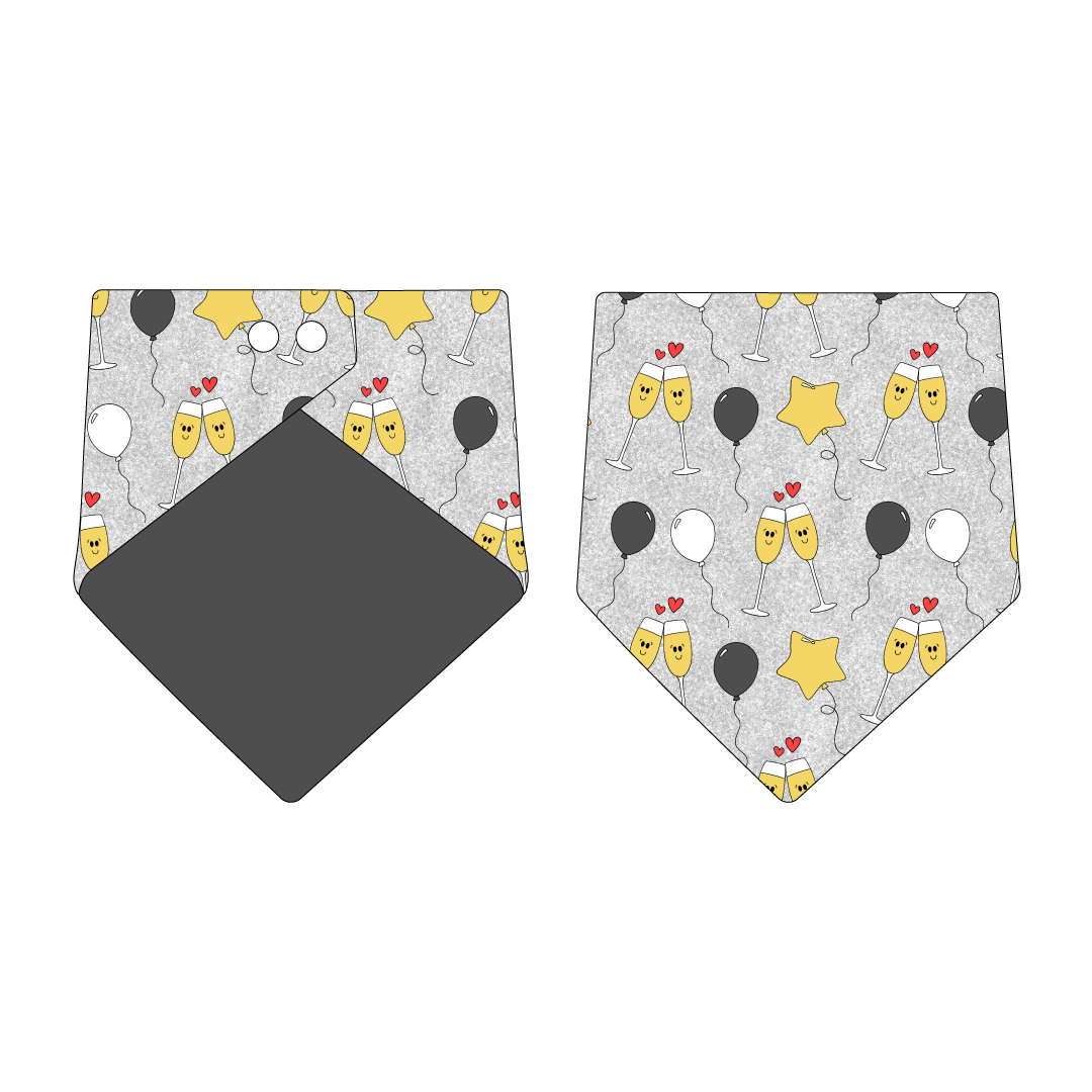 Bandana in a dog friendly pattern that shows two happy champagne glasses making a toast with hearts overhead, gold star balloons and traditional balloons in white and gray on a silver sparkle background.  Design is reversible with gray on the opposite side.