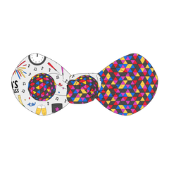 Hair bow twisted with two fabrics: one in a dog friendly pattern that shows a multi-colored New Years ball, the words Mommy's Midnight Kiss, a clock, champagne bottle and champagne toast, fireworks, confetti and more on a white background and one side in NYE Ball.