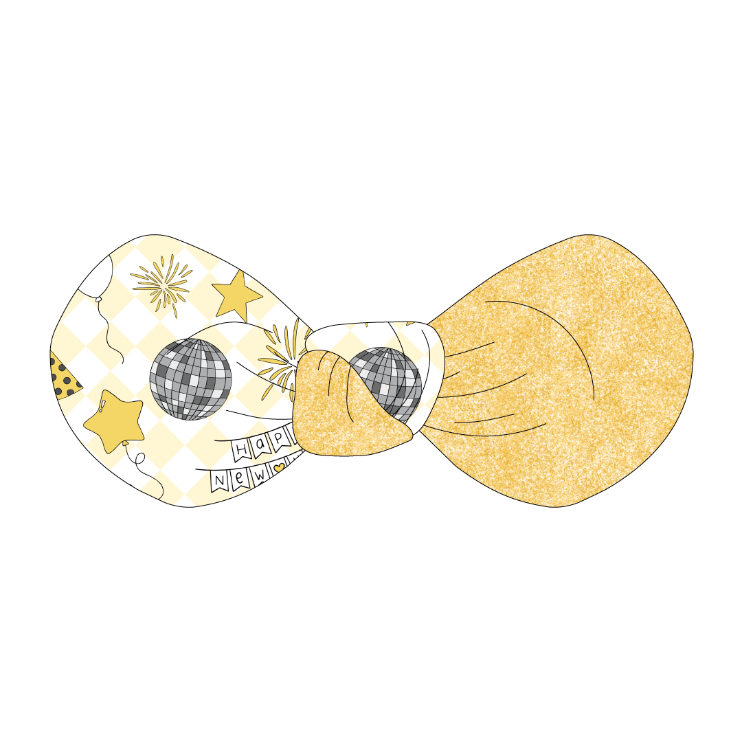 Hair bow twisted with two fabrics: one in a dog friendly pattern that shows a mirror ball, top hat, champagne toast, balloons, clock striking midnight, banner reading Happy New Year and more on a light gold and white diamond background and one side in gold sparkle.