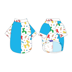 Split back tee shirt using two coordinating fabrics: one side in solid blue and one side in a dog friendly pattern that shows party images like balloons and confetti. It's complete with Pawty Animal trim on the neck, sleeves and waist.