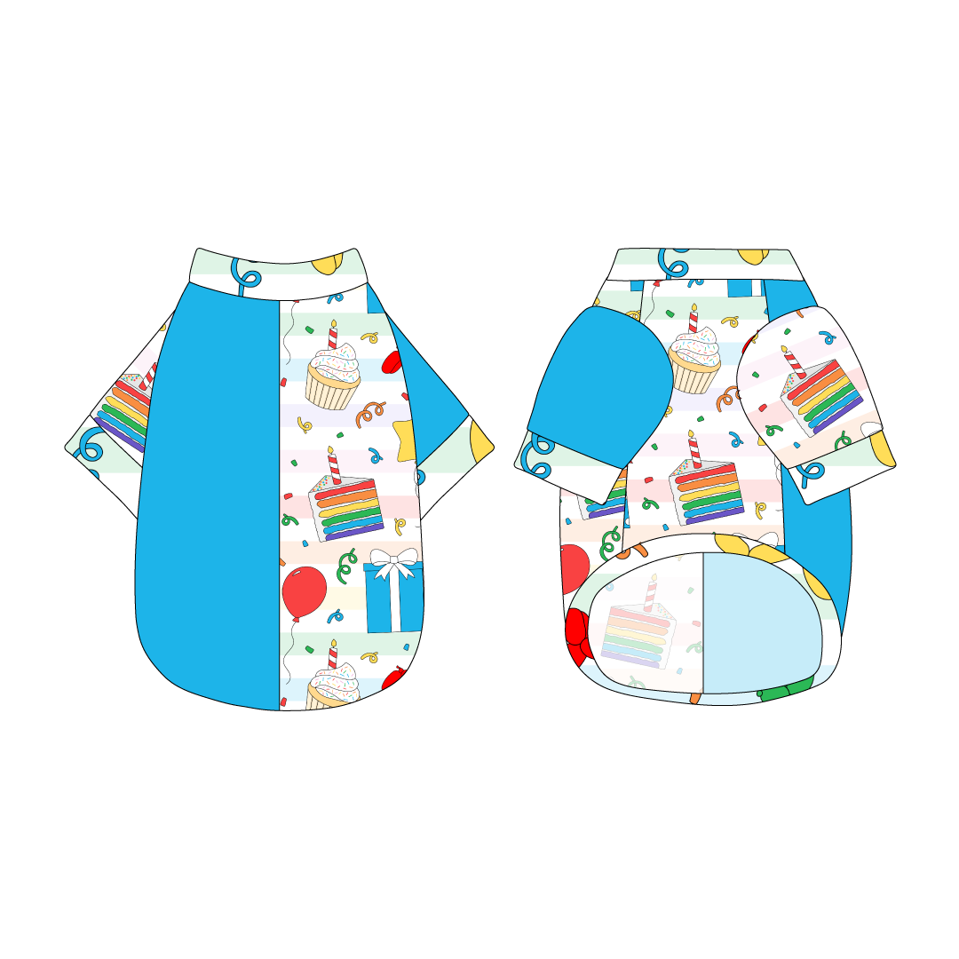 Split back tee shirt using two coordinating fabrics: one side in solid blue and one side in a dog friendly pattern that shows party images like balloons, cake, gifts, party hats and more. It's complete with Pawty Time trim on the neck, sleeves and waist.