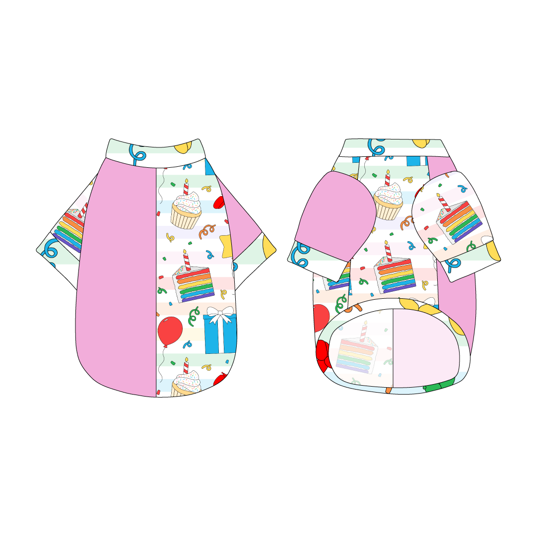 Split back tee shirt using two coordinating fabrics: one side in solid pink and one side in a dog friendly pattern that shows party images like balloons, cake, gifts, party hats and more. It's complete with Pawty Time trim on the neck, sleeves and waist.