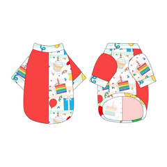 Split back tee shirt using two coordinating fabrics: one side in solid red and one side in a dog friendly pattern that shows party images like balloons, cake, gifts, party hats and more. It's complete with Pawty Time trim on the neck, sleeves and waist.