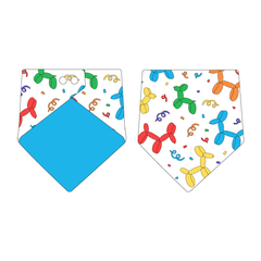 Bandana in a dog friendly pattern that shows party images like balloons and confetti. Design is reversible with solid blue on the opposite side.