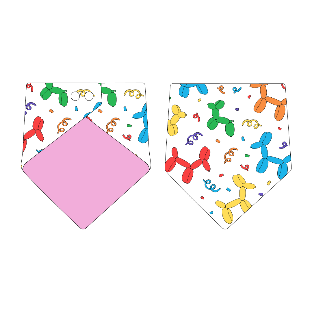 Bandana in a dog friendly pattern that shows party images like balloons and confetti. Design is reversible with solid pink on the opposite side.