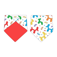 Bandana in a dog friendly pattern that shows party images like balloons and confetti. Design is reversible with solid red on the opposite side.