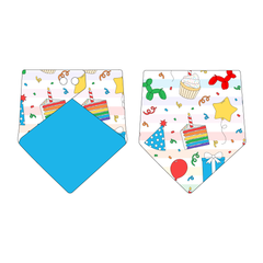 Bandana in a dog friendly pattern that shows party images like balloons, cake, gifts, party hats and more. Design is reversible with solid blue on the opposite side.