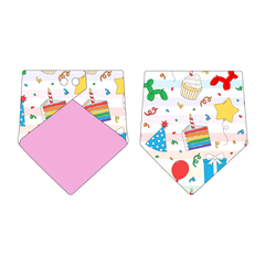 Bandana in a dog friendly pattern that shows party images like balloons, cake, gifts, party hats and more. Design is reversible with solid pink on the opposite side.