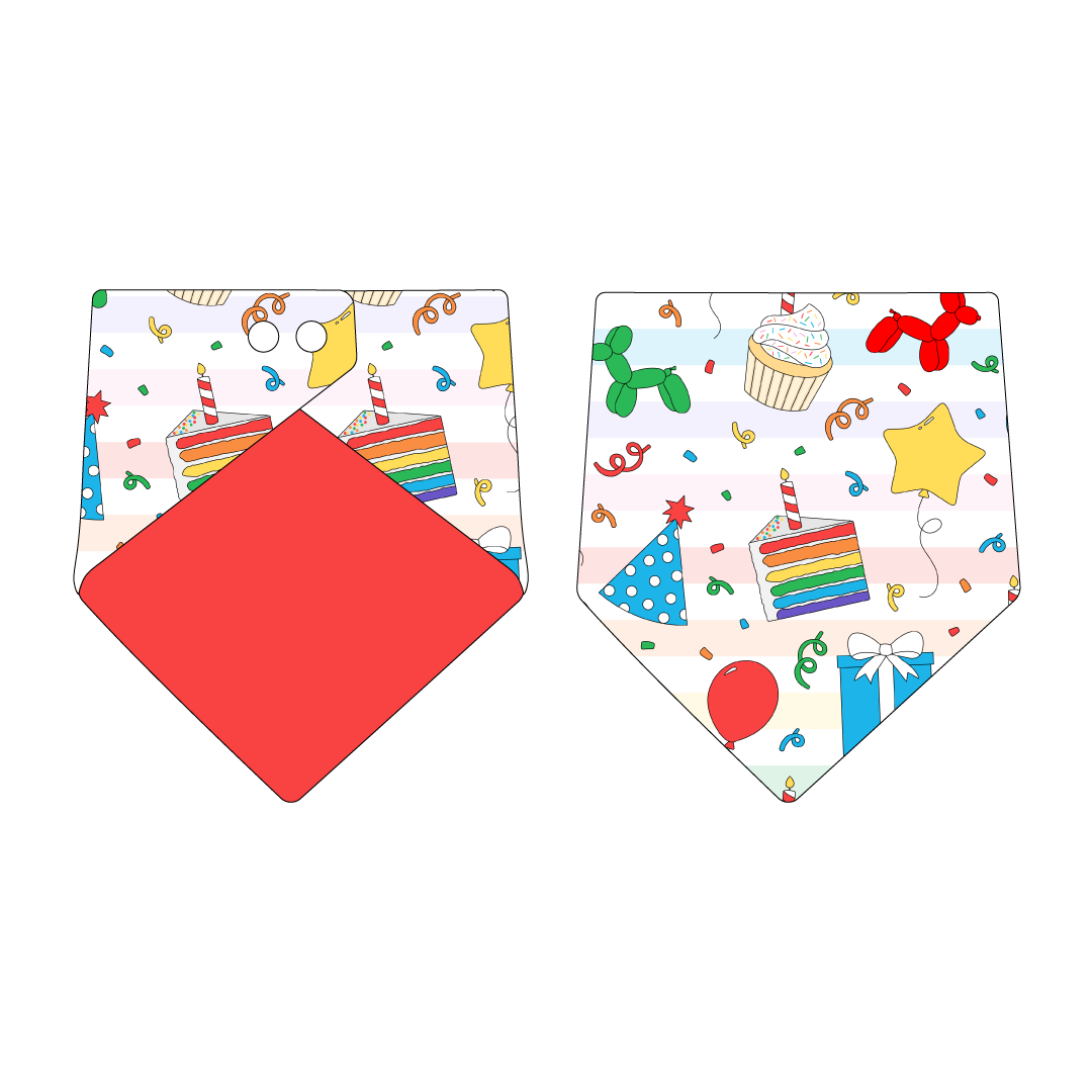 Bandana in a dog friendly pattern that shows party images like balloons, cake, gifts, party hats and more. Design is reversible with solid red on the opposite side.