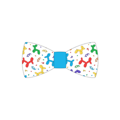 Bowtie in a dog friendly pattern that shows party images like balloons and confetti. The center is made from solid blue trim. It's complete with attached elastic loops on the back to secure on dog collar.