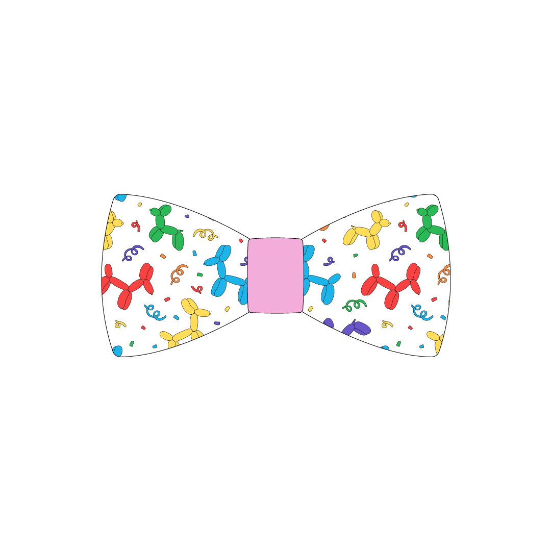 Bowtie in a dog friendly pattern that shows party images like balloons and confetti. The center is made from solid pink trim. It's complete with attached elastic loops on the back to secure on dog collar.