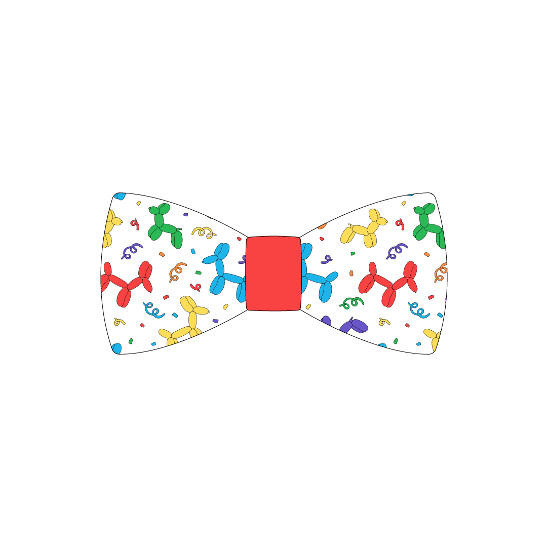 Bowtie in a dog friendly pattern that shows party images like balloons and confetti. The center is made from solid red trim. It's complete with attached elastic loops on the back to secure on dog collar.