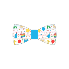 Bowtie in a dog friendly pattern that shows party images like balloons, cake, gifts, party hats and more. The center is made from solid blue trim. It's complete with attached elastic loops on the back to secure on dog collar.