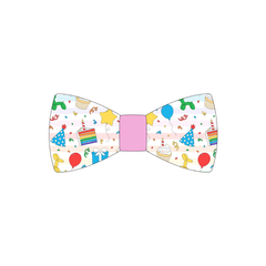 Bowtie in a dog friendly pattern that shows party images like balloons, cake, gifts, party hats and more. The center is made from solid pink trim. It's complete with attached elastic loops on the back to secure on dog collar.