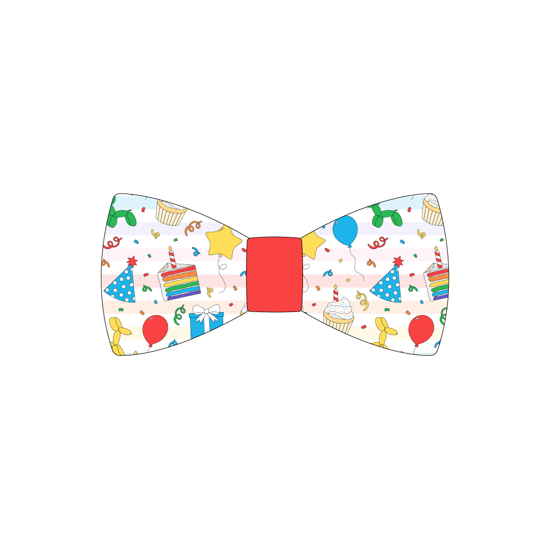 Bowtie in a dog friendly pattern that shows party images like balloons, cake, gifts, party hats and more. The center is made from solid red trim. It's complete with attached elastic loops on the back to secure on dog collar.