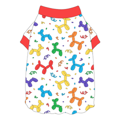 Tee shirt style with flutter hem in a dog friendly pattern that shows party images like balloons and confetti. It's complete with solid red trim on the neck and sleeves.