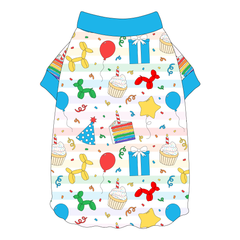 Tee shirt style with flutter hem in a dog friendly pattern that shows party images like balloons, cake, gifts, party hats and more. It's complete with solid blue trim on the neck and sleeves.