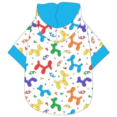 Hoodie in a dog friendly pattern that shows party images like balloons and confetti. It's complete with a hood lined in solid blue trim, which is also found on the sleeve edges and waist.