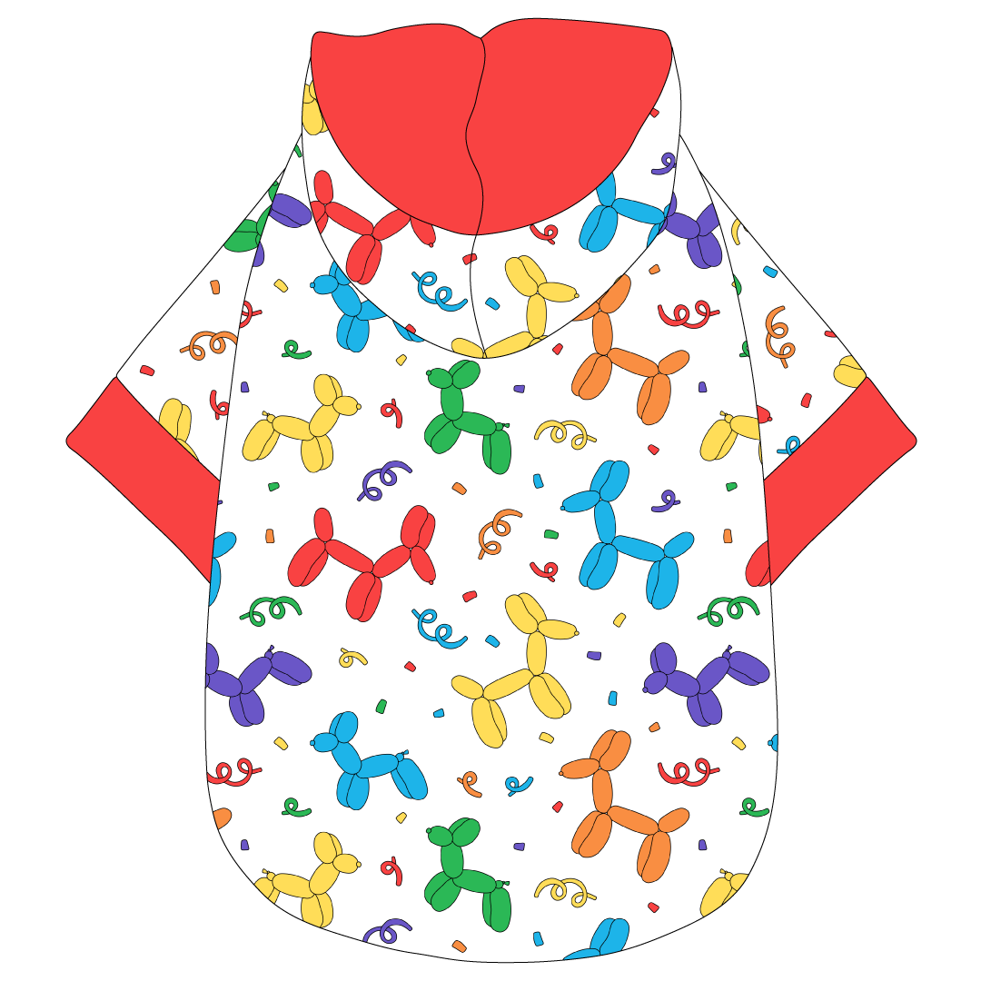 Hoodie in a dog friendly pattern that shows party images like balloons and confetti. It's complete with a hood lined in solid red trim, which is also found on the sleeve edges and waist.