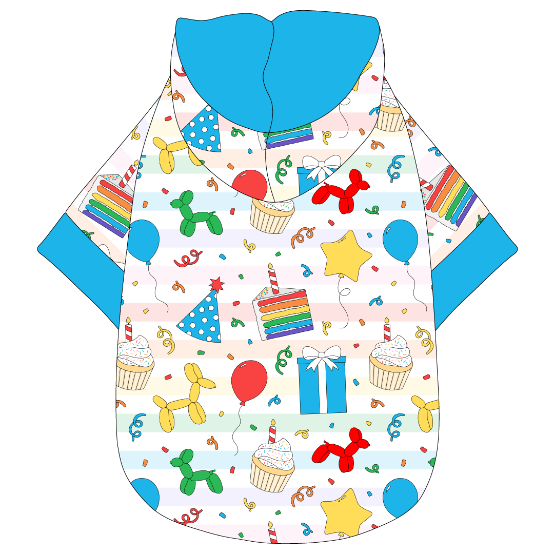 Hoodie in a dog friendly pattern that shows party images like balloons, cake, gifts, party hats and more. It's complete with a hood lined in solid blue trim, which is also found on the sleeve edges and waist.