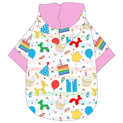 Hoodie in a dog friendly pattern that shows party images like balloons, cake, gifts, party hats and more. It's complete with a hood lined in solid pink trim, which is also found on the sleeve edges and waist.