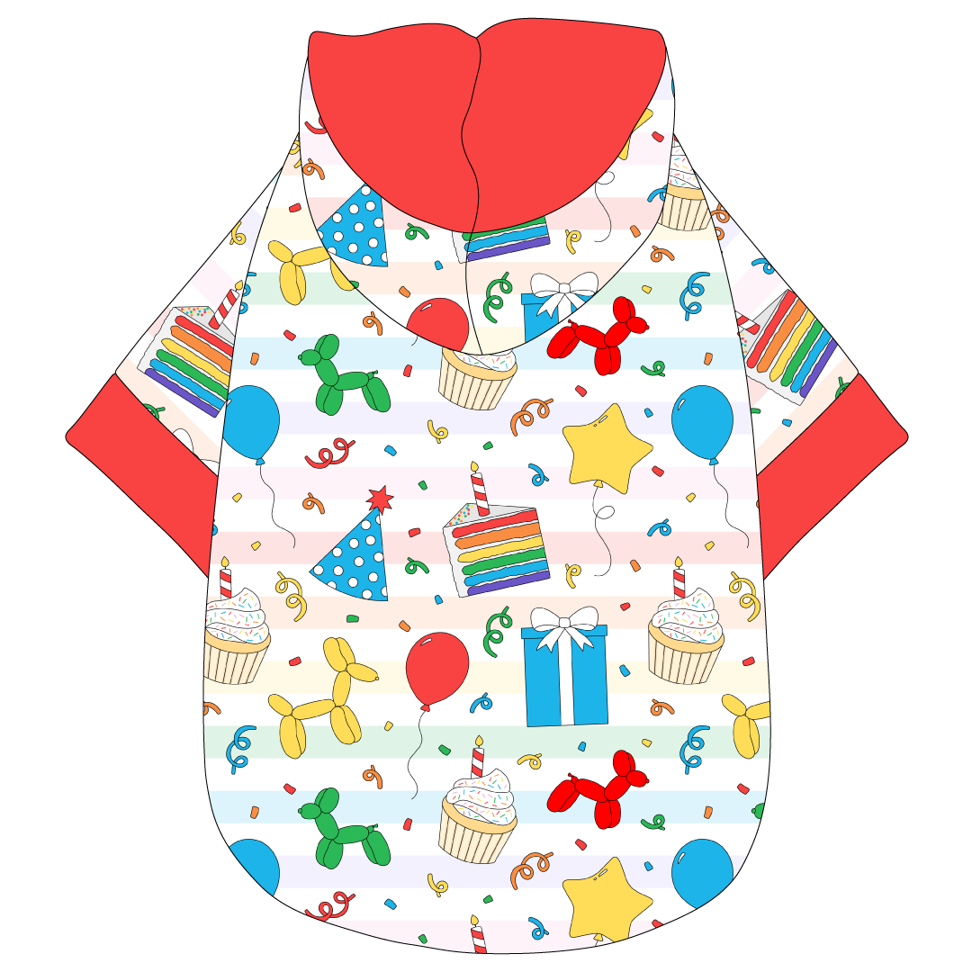 Hoodie in a dog friendly pattern that shows party images like balloons, cake, gifts, party hats and more. It's complete with a hood lined in solid red trim, which is also found on the sleeve edges and waist.