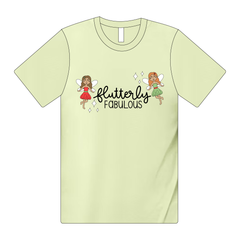 The Bella + Canvas Unisex Tee comes in Spring Green. In black lettering, it reads "Fluttery Fabulous".