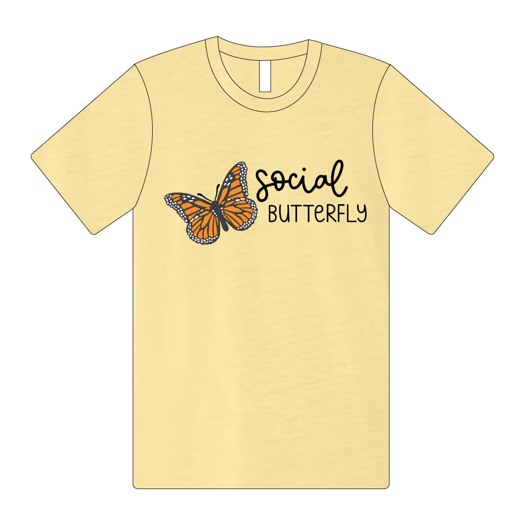 The Bella + Canvas Unisex Tee comes in Pale Yellow. In black lettering, it reads "Social Butterfly".