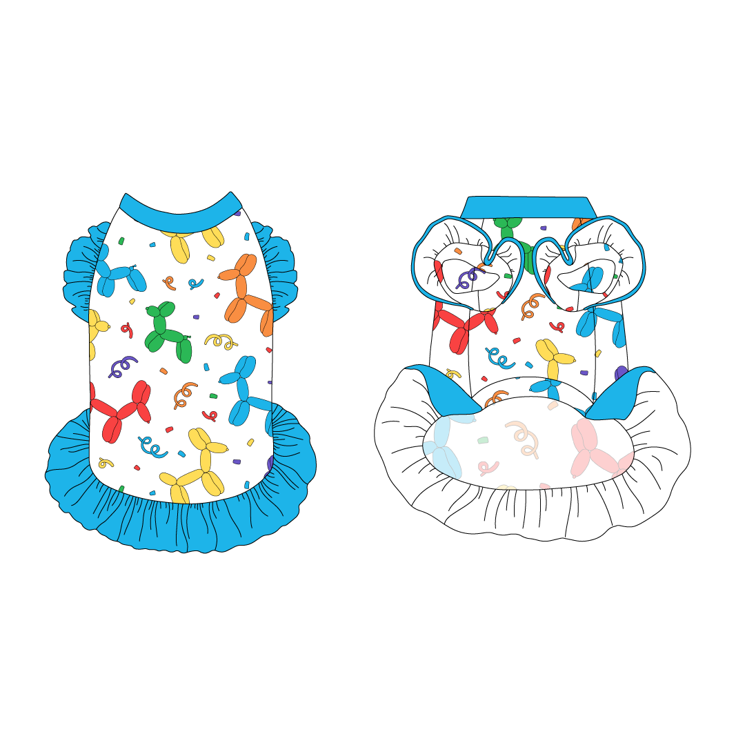 Dress with ruffle accents on the shoulders and girly ruffle skirt in a dog friendly pattern that shows party images like balloons and confetti. It's complete with solid blue trim on the neck and ruffles, as well as a coordinating trim under the shoulder ruffles in Pawty Animal.