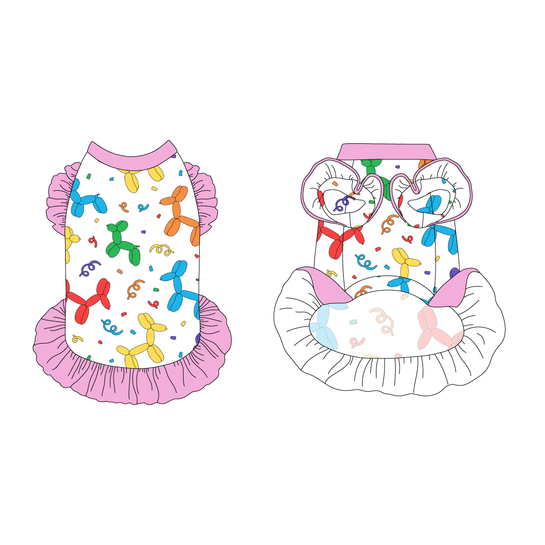 Dress with ruffle accents on the shoulders and girly ruffle skirt in a dog friendly pattern that shows party images like balloons and confetti. It's complete with solid pink trim on the neck and ruffles, as well as a coordinating trim under the shoulder ruffles in Pawty Animal.