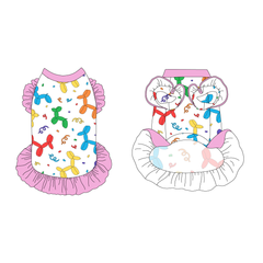 Dress with ruffle accents on the shoulders and girly ruffle skirt in a dog friendly pattern that shows party images like balloons and confetti. It's complete with solid pink trim on the neck and ruffles, as well as a coordinating trim under the shoulder ruffles in Pawty Animal.