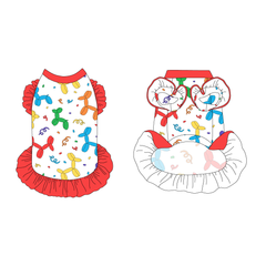 Dress with ruffle accents on the shoulders and girly ruffle skirt in a dog friendly pattern that shows party images like balloons and confetti. It's complete with solid red trim on the neck and ruffles, as well as a coordinating trim under the shoulder ruffles in Pawty Animal.