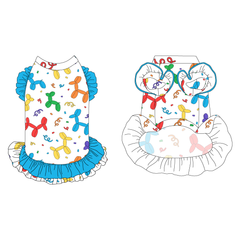 Dress with ruffle accents on the shoulders and girly double ruffle skirt in a dog friendly pattern that shows party images like balloons and confetti. It's complete with Pawty Animal trim on the neck, solid blue ruffles on the shoulders, a solid blue asymmetrical ruffle on top of a Pawty Animal ruffle skirt, as well as a coordinating trim under the shoulder ruffles in Pawty Animal.