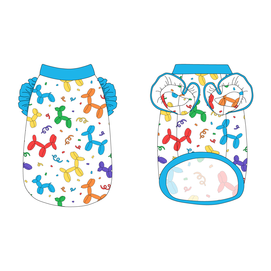 Tank with ruffle accents on the shoulders in a dog friendly pattern that shows party images like balloons and confetti. It's complete with solid blue trim on the neck, waist and shoulder ruffles, as well as a coordinating trim under the shoulder ruffles in Pawty Animal.